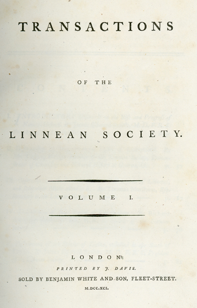 <p>Title page of <em>Transactions of the Linnean Society</em> (London, 1791, vol. 1), HI Library call no. PL758t.</p>