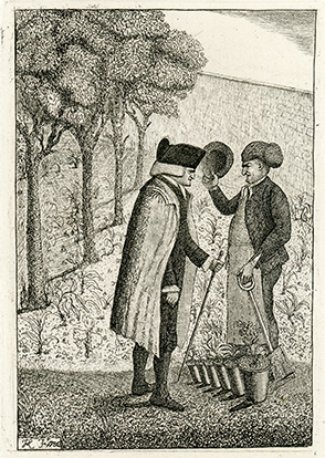 <p>[John Hope (1725–1786) speaking with his gardener, probably Malcolm McCoig (?–1789), at the Royal Botanic Garden Edinburgh, Leith Walk], etching by John Kay (1742–1826), 1786, 11 × 8 cm, after his drawing, which was republished in Hugh Paton, <em>A Series of Original Portraits and Caricature Etchings by the Late John Kay, with Biographical Sketches and Illustrative Anecdotes</em> (Edinburgh, Carver and Gilder, 1838, vol. 2, pt. 2, p. 415), HI Archives portrait no. 1.</p>